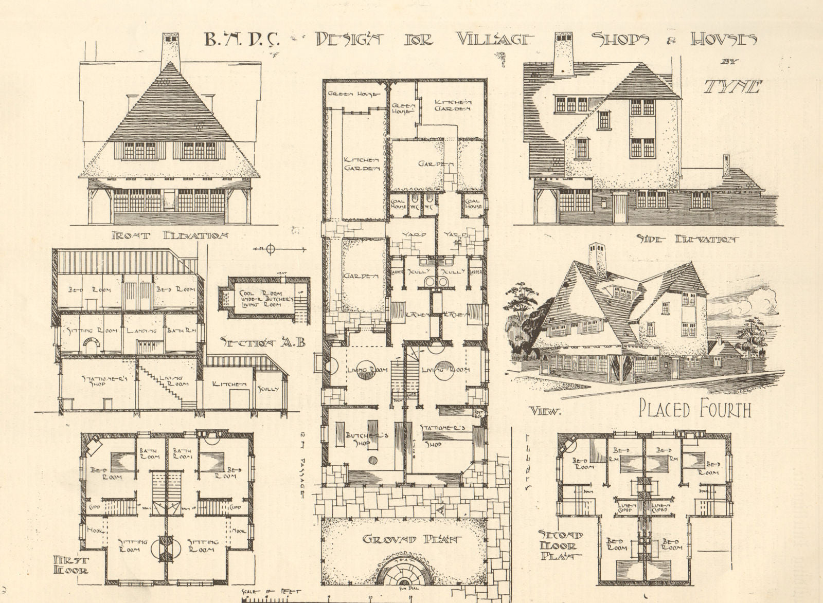 Design for village shops & houses by Tyne. View, elevations & plans 1905 print